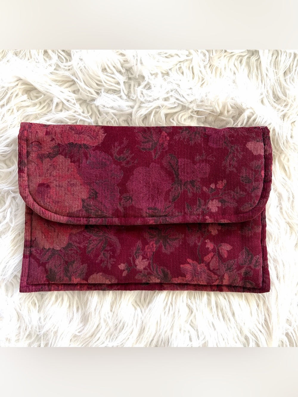 Vintage Bags by Ms. T Burgundy Floral Corduroy Clutch Pouch Pink Satin Lining
